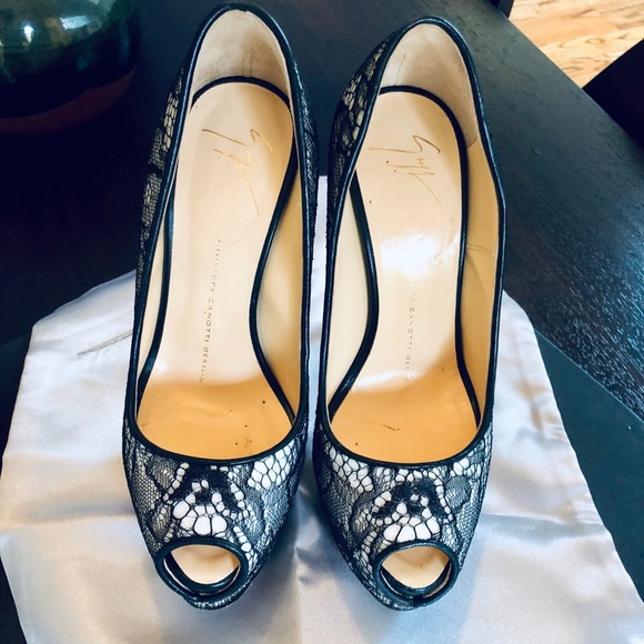 Giuseppe Zanotti Sparkle Black Lace Peep Toe Pumps - Picture 4 of 6